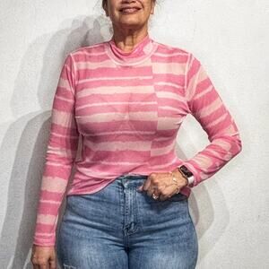 House of Aama Pink Striped Sheer Turtleneck Blouse Sz L